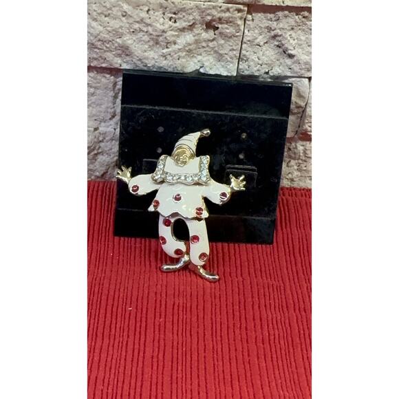 Vintage Clown Brooch Enamel Pin w/ Red Polka Dots & Swivel Swinging Hanging Legs - Picture 1 of 4